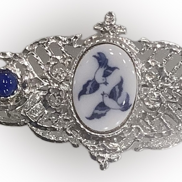 Silver-Tone Filigree Brooch with Blue/White Bird Design - Picture 8 of 9